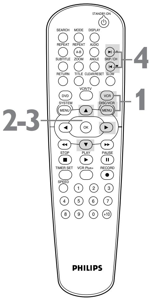 PHILIPS DVD750VR - Réglage AUTO se met à clignoter pendant que le lecteur dvd/magnétoscope effectue le réglage des canaux disponibles. lorsque le réglage est terminé, le canal le plus bas disponible est affiché à l'écran du téléviseur. - 1