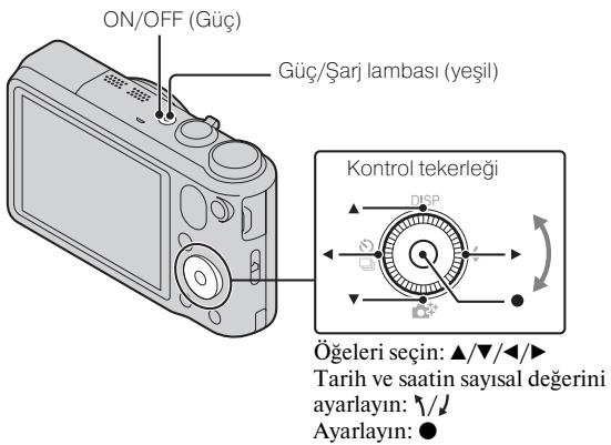 ON/OFF (Güç) Güç/Şarj lambası (yeşil) Kontrol tekerleği Öğeleri seçin: ▲/▼/◄/► Tarih ve saatin sayısal değerini ayarlayın: ✓/↓ Ayarlayın: ●