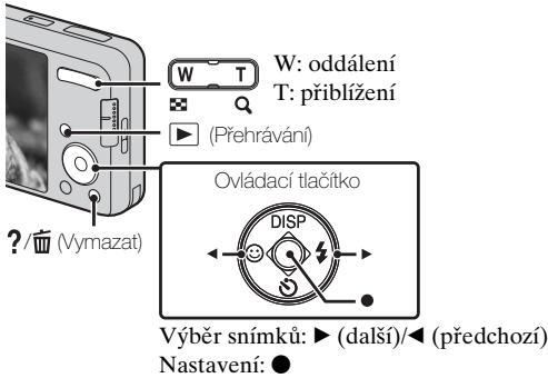 W: oddálení T: přiblížení (Přehrávání) ? / (Vymazat) Ovládací tlačitko DISP Výběr snímku: ▶ (další)/◀ (předchozí) Nastavení: ●