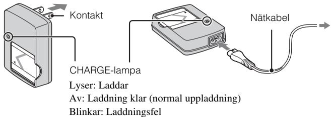 Kontakt CHARGE-lampa Lyser: Laddar Av: Laddning klar (normal uppladdning) Blinkar: Laddningsfel Nätkabel