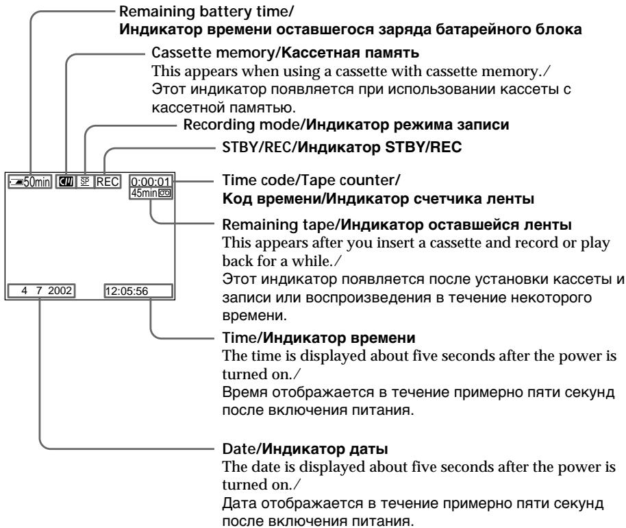Remaining battery time/ Индикатор времени оставшегося заряда батарейного блока Cassette memory/Кассетная память This appears when using a cassette with cassette memory./ Этот индикатор появляется при использовании кассеты с кассетной памятью. Recording mode/Индикатор режима записи STBY/REC/Индикатор STBY/REC Time code/Tape counter/ Код времени/Индикатор счетчика ленты Remaining tape/Индикатор оставшейся ленты This appears after you insert a cassette and record or play back for a while./ Этот индикатор появляется после установки кассеты и записи или воспроизведения в течение некоторого времени. Time/Индикатор времени The time is displayed about five seconds after the power is turned on./ Время отображается в течение примерно пяти секунд после включения питания. Date/Индикатор даты The date is displayed about five seconds after the power is turned on./ Дата отображается в течение примерно пяти секунд после включения питания.