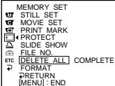 MEMORY SET STILL SET MOVIE SET PRINT MARK PROTECT SLIDE SHOW FILE NO. ETC DELETE ALL COMPLETE FORMAT RETURN [MENU] : END