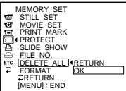 MEMORY SET STILL SET MOVIE SET PRINT MARK PROTECT SLIDE SHOW FILE NO. ETC DELETE ALL RETURN FORMAT OK RETURN [MENU] : END