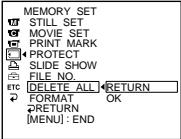 MEMORY SET STILL SET MOVIE SET PRINT MARK PROTECT SLIDE SHOW FILE NO. ETC DELETE ALL RETURN FORMAT OK RETURN [MENU] : END