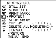 MEMORY SET STILL SET MOVIE SET PRINT MARK PROTECT SLIDE SHOW FILE NO. ETC DELETE ALL DELETING - FORMAT RETURN [MENU] : END