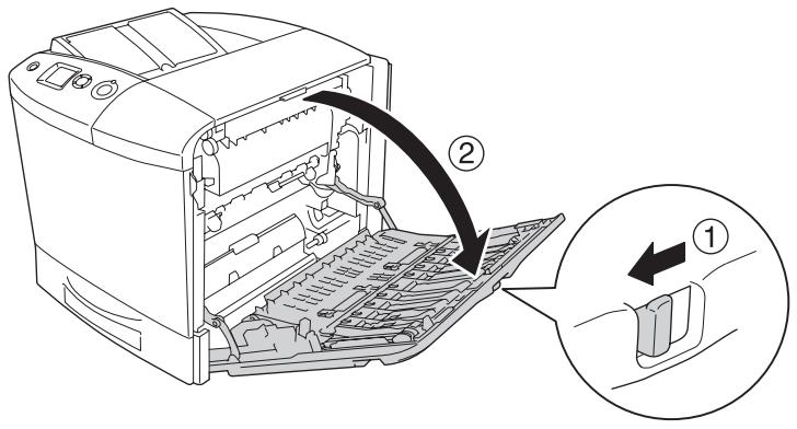 EPSON ACULASER C2600 - Poussez le loquet du capot A vers la gauche et ouvrez le capot jusqu'à ce que vous sentiez une résistance. - 1