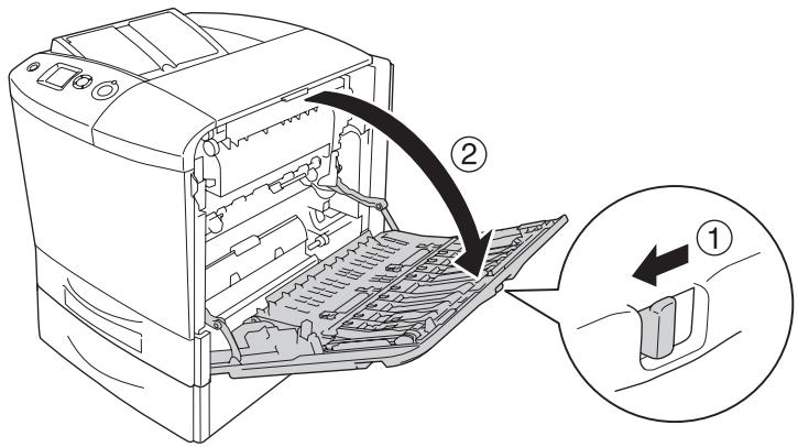 EPSON ACULASER C2600 - Poussez le loquet du capot A vers la gauche et ouvrez le capot jusqu'à ce que vous sentiez une résistance. - 1