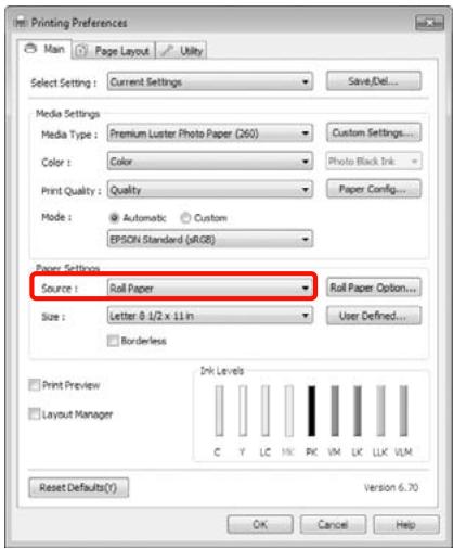 EPSON PRO 9908 - Sélectionnez Roll Paper (Papier rouleau) ou Roll Paper (Banner) (Papier rouleau (Bannière)) dans la liste Source. - 1