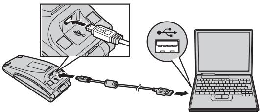 Diagram showing cable connection to a laptop via USB cable, with an inset image illustrating the cable being inserted into a device.