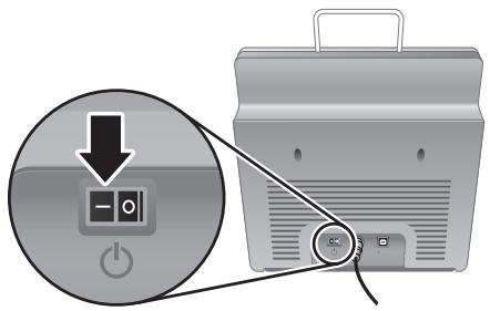 Diagram showing a device with a power button and a magnified view highlighting the function of a switch or power input.