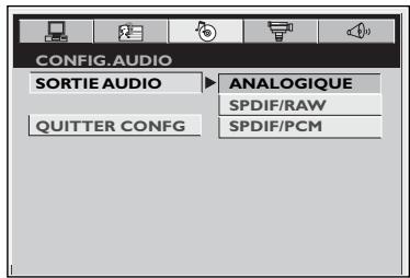 CONFIG.AUDIO SORTIE AUDIO ANALOGIQUE SPDIF/RAW QUITTER CONFIG SPDIF/PCM