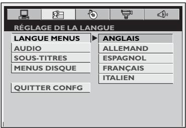 RÉGLAGE DE LA LANGUE LANGUE MENUS AUDIO SOUS-TITRES MENUS DISQUE QUITTER CONFIG ANGLAIS ALLEMAND ESPAGNOL FRANÇAIS ITALIEN