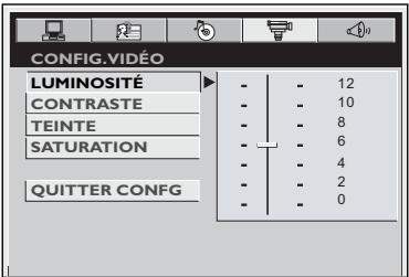 CONFIG.VIDÉO LUMINOSITÉ CONTRASTE TEINTE SATURATION QUITTER CONFIG