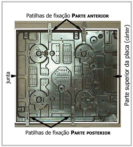 Patilhas de fixação PARTE ANTERIOR junta Parte superior da placa (cárter) Patilhas de fixação PARTE POSTERIOR