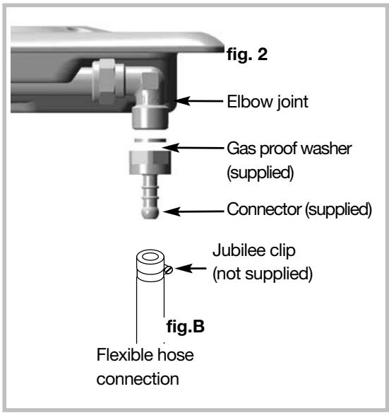 fig. 2 Elbow joint Gas proof washer (supplied) Connector (supplied) Jubilee clip (not supplied) fig.B Flexible hose connection