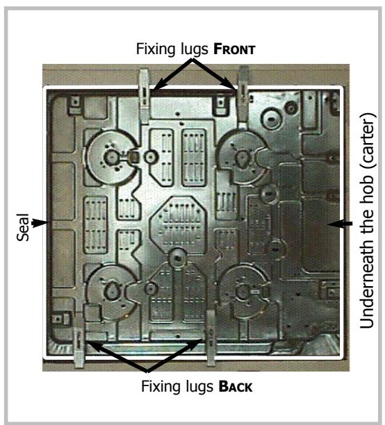 Fixing lugs FRONT Seal Underneath the hob (carter) Fixing lugs BACK