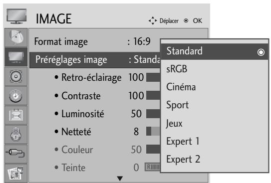 IMAGE Format image : 16:9 Préréglages image : Standard • Retro-éclairage 100 • Contraste 100 • Luminosité 50 • Netteté 8 • Couleur 50 • Teinte 0 Standard sRGB Cinéma Sport Jeux Expert 1 Expert 2