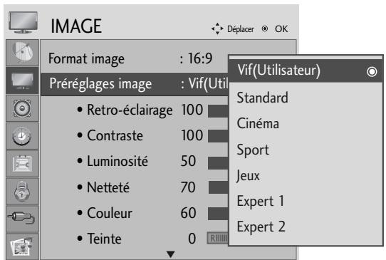 IMAGE Format image : 16:9 Préréglages image : Vif(Utilisateur) • Retro-éclairage 100 • Contraste 100 • Luminosité 50 • Netteté 70 • Couleur 60 • Teinte 0 Vif(Utilisateur) Standard Cinéma Sport Jeux Expert 1 Expert 2