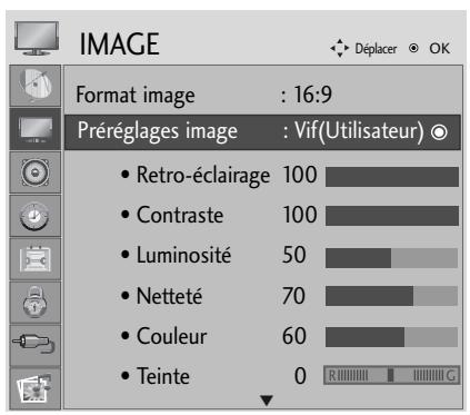 IMAGE Format image : 16:9 Préréglages image : Vif(Utilisateur) • Retro-éclairage 100 • Contraste 100 • Luminosité 50 • Netteté 70 • Couleur 60 • Teinte 0