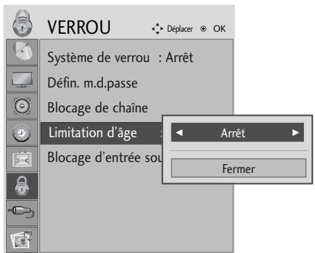 VERROU Système de verrou : Arrêt Défin. m.d.passe Blocage de chaîne Limitation d'âge Blocage d'entrée sou Arrêt Fermer