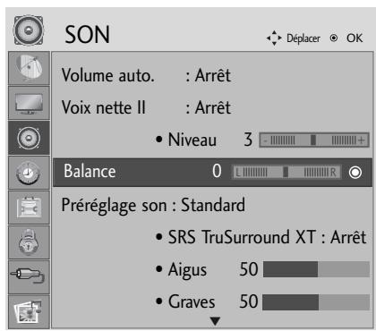 SON Volume auto. : Arrêt Voix nette II : Arrêt • Niveau 3 Balance 0 Préréglage son : Standard • SRS TruSurround XT : Arrêt • Aigus 50 • Graves 50