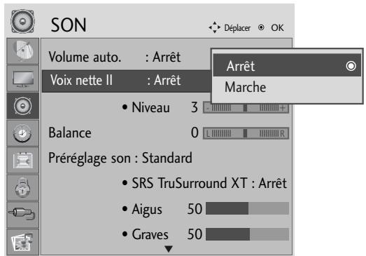 SON Volume auto. : Arrêt Voix nette II : Arrêt • Niveau 3 Balance 0 L R Préréglage son : Standard • SRS TruSurround XT : Arrêt • Aigus 50 • Graves 50