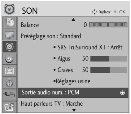 SON Balance 0 Préréglage son : Standard • SRS TruSurround XT : Arrêt • Aigus 50 • Graves 50 • Réglages usine Sortie audio num. : PCM Haut-parleurs TV : Marche