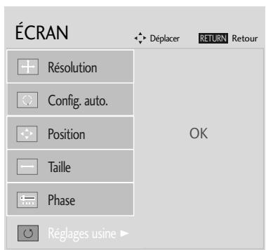 ÉCRAN Déplacer RETURN Retour Résolution Config. auto. Position Taille Phase Réglages usine OK