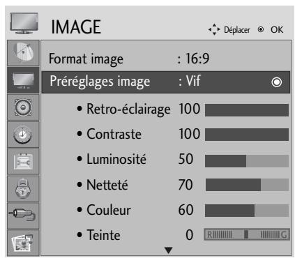 IMAGE Format image : 16:9 Préréglages image : Vif • Retro-éclairage 100 • Contraste 100 • Luminosité 50 • Netteté 70 • Couleur 60 • Teinte 0