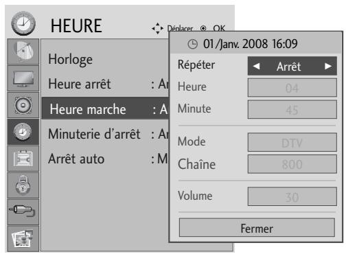 HEURE Horloge Heure arrêt : A Heure marche : A Minuterie d'arrêt : A Arrêt auto : M 01/Janv. 2008 16:09 Répéter Arrêt Heure 04 Minute 45 Mode DTV Chaîne 800 Volume 30 Fermer