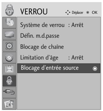 VERROU Système de verrou : Arrêt Défin. m.d.passe Blocage de chaîne Limitation d'âge : Arrêt Blocage d'entrée source