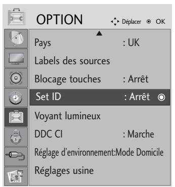 OPTION Pays : UK Labels des sources Blocage touches : Arrêt Set ID : Arrêt Voyant lumineux DDC CI : Marche Réglage d'environnement: Mode Domicile Réglages usine
