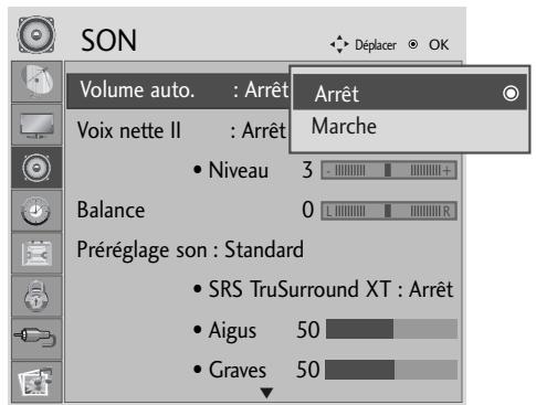 SON Volume auto. : Arrêt Arrêt Voix nette II : Arrêt Marche • Niveau 3 Balance 0 Préréglage son : Standard • SRS TruSurround XT : Arrêt • Aigus 50 • Graves 50