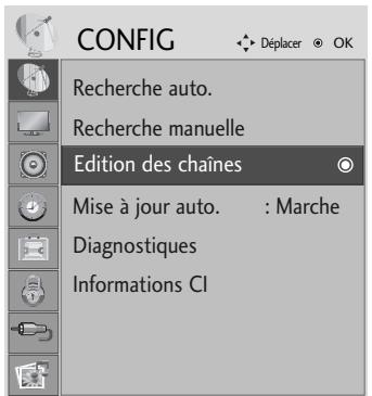 CONFIG Déplacer OK Recherche auto. Recherche manuelle Edition des chaînes Mise à jour auto. : Marche Diagnostiques Informations CI