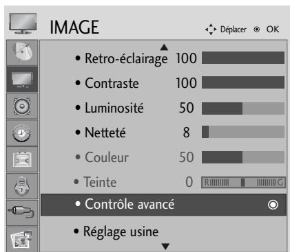 IMAGE • Retro-éclairage 100 • Contraste 100 • Luminosité 50 • Netteté 8 • Couleur 50 • Teinte 0 • Contrôle avancé • Réglage usine
