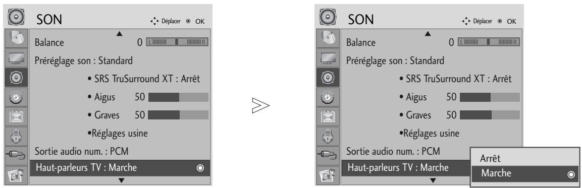 SON Balance 0 Préréglage son : Standard • SRS TruSurround XT : Arrêt • Aigus 50 • Graves 50 • Réglages usine Sortie audio num. : PCM Haut-parleurs TV : Marche SON Balance 0 Préréglage son : Standard • SRS TruSurround XT : Arrêt • Aigus 50 • Graves 50 • Réglages usine Sortie audio num. : PCM Haut-parleurs TV : Marche Arrêt Marche