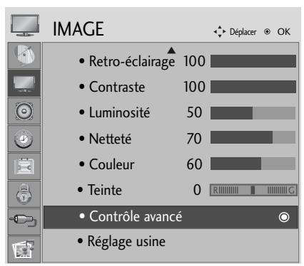 IMAGE • Retro-éclairage 100 • Contraste 100 • Luminosité 50 • Netteté 70 • Couleur 60 • Teinte 0 • Contrôle avancé • Réglage usine