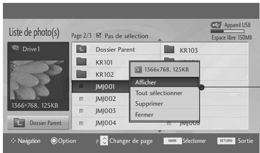 Liste de photo(s) Page 2/3 Pas de sélection Appareil USB Espace libre 150MB Drive1 Dossier Parent KR103 1366x768, 125KB KR101 KR102 Afficher Tout sélectionner Supprimer Fermer 1366x768, 125KB 1366x768, 125KB Dossier Parent JMJ001 JMJ002 JMJ003 JMJ004 JMJ008 Navigation Option Changer de page MARK Sélectionner RETURN Sortie