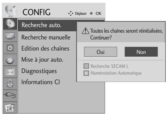 CONFIG Déplacer OK Recherche auto. Recherche manuelle Edition des chaînes Mise à jour auto. Diagnostiques Informations CI Toutes les chaînes seront réinitialisées, Continuer? Oui Non Recherche SECAM L Numérotation Automatique