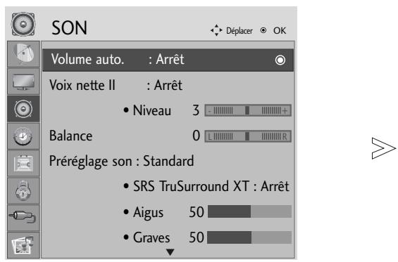 SON Volume auto. : Arrêt Voix nette II : Arrêt • Niveau 3 Balance 0 L R Préréglage son : Standard • SRS TruSurround XT : Arrêt • Aigus 50 • Graves 50