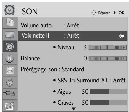 SON Volume auto. : Arrêt Voix nette II : Arrêt • Niveau 3 Balance 0 Préréglage son : Standard • SRS TruSurround XT : Arrêt • Aigus 50 • Graves 50