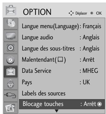 OPTION Langue menu(Language): Français Langue audio : Anglais Langue des sous-titres : Anglais Malentendant(□) : Arrêt Data Service : MHEG Pays : UK Labels des sources Blocage touches : Arrêt