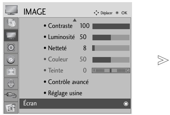IMAGE Contraste 100 Luminosité 50 Netteté 8 Couleur 50 Teinte 0 Contrôle avancé Réglage usine Écran