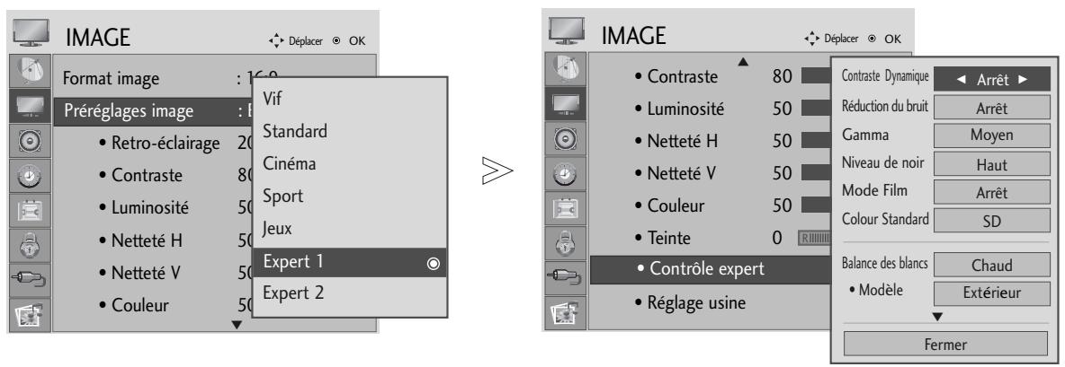 FORMAT image Préréglages image • Retro-éclairage 20 • Contraste 80 • Luminosité 50 • Netteté H 50 • Netteté V 50 • Couleur 50 Vif Standard Cinéma Sport Jeux Expert 1 Expert 2 → IMAGE Contraste Dynamique Réduction du bruit Arrêt Gamma Niveau de noir Mode Film Colour Standard SD Balance des blancs • Modèle Chaud Extérieur Fermer