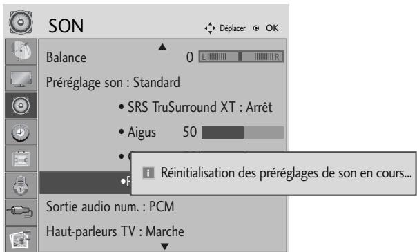 SON Balance 0 Préréglage son : Standard SRS TruSurround XT : Arrêt Aigus 50 i Réinitialisation des préréglages de son en cours... Sortie audio num. : PCM Haut-parleurs TV : Marche