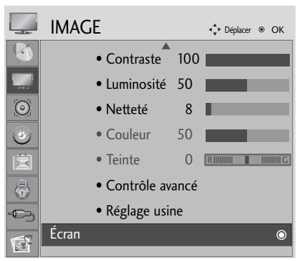 IMAGE Contraste 100 Luminosité 50 Netteté 8 Couleur 50 Teinte 0 Contrôle avancé Réglage usine Écran
