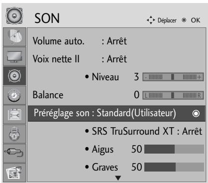 SON Volume auto. : Arrêt Voix nette II : Arrêt • Niveau 3 Balance 0 Préréglage son : Standard(Utilisateur) • SRS TruSurround XT : Arrêt • Aigus 50 • Graves 50