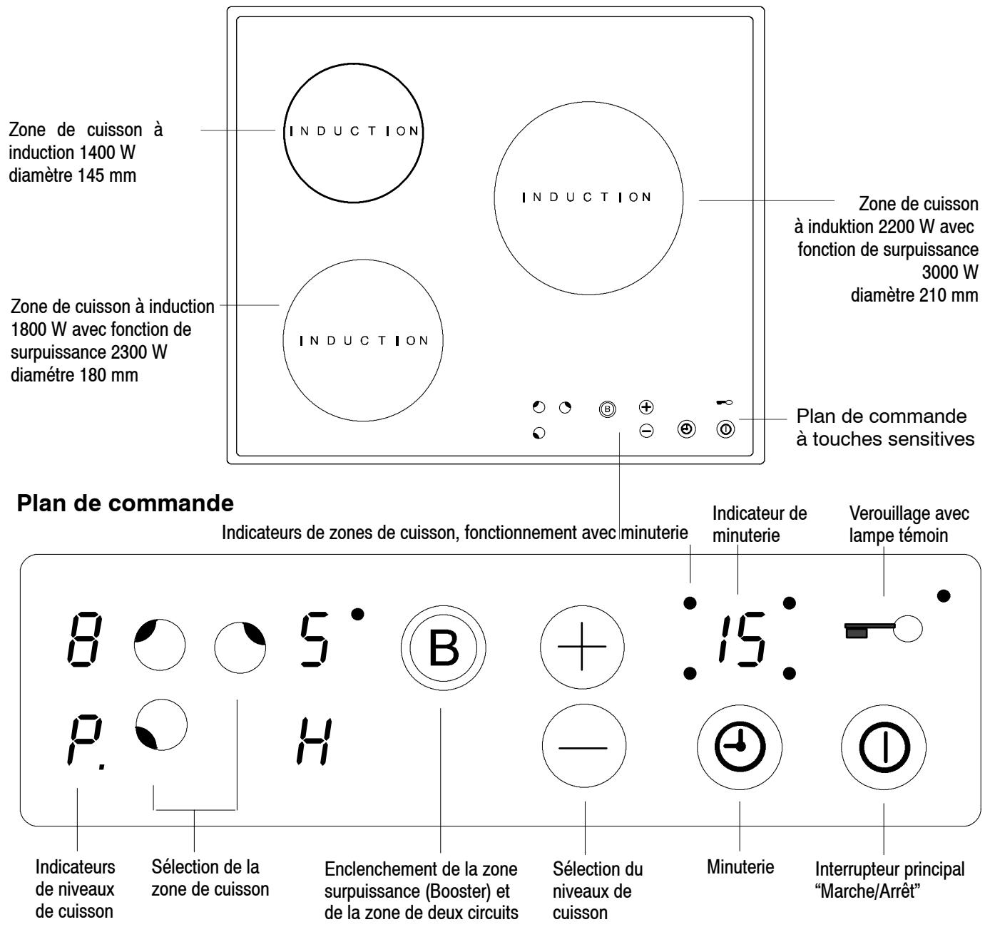 Zone de cuisson à induction 1400 W diamètre 145 mm Zone de cuisson à induction 1800 W avec fonction de surpuissance 2300 W diamètre 180 mm INDUCTION INDUCTION Plan de commande à touches sensitives Indicateurs de zones de cuisson, fonctionnement avec minuterie Indicateur de minuterie Verouillage avec lampe témoin 8 5 B 15 P. H Sélection de la zone de cuisson Enclenchement de la zone surpuissance (Booster) et de la zone de deux circuits Sélection du niveaux de cuisson Minuterie Interrupteur principal "Marche/Arrêt" Indicateurs de niveaux de cuisson