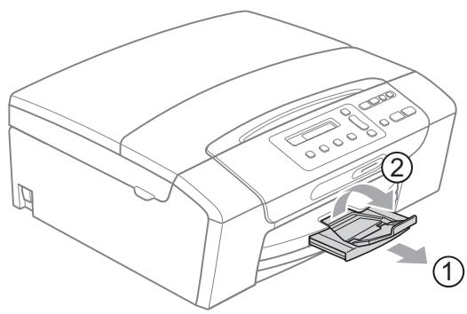 BROTHER DCP-195C - Tout en retenant le bac à papier, retirez le support papier (①) jusqu'à entendre le déclic et dépliez le volet du support papier (②). - 1