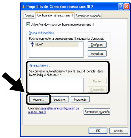 Propriétés de Connexion réseau sans fil 2 Général Configuration réseaux sans fil Paramètres avancés Utiliser Windows pour configurer mon réseau sans fil Réseaux disponibles : Pour se connecter à un réseau sans fil, cliquez sur Configurer. MyAP Configurer Actualiser Réseaux favois : Se connecter automatiquement aux réseaux disponibles dans l'ordre indiqué ci-dessous : Monter Descendre Ajouter... Supprimer Propriétés Comment parameter une configuration de réseau sans fil Paramètres avancés OK Annuler